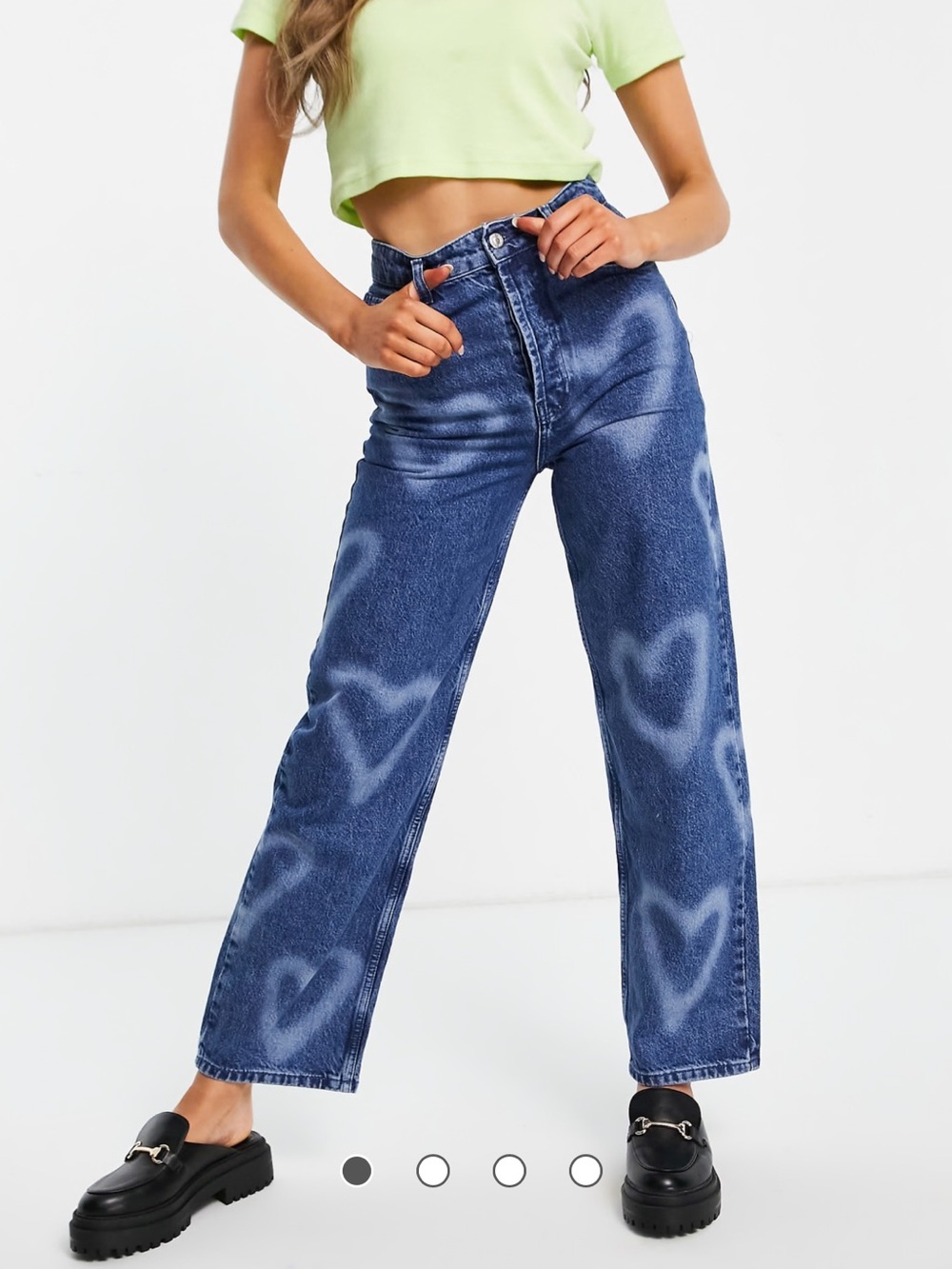 Topshop Jeans w Bleached Hearts mid blue Size 24 Petite Y2K Cotton Straight Mom